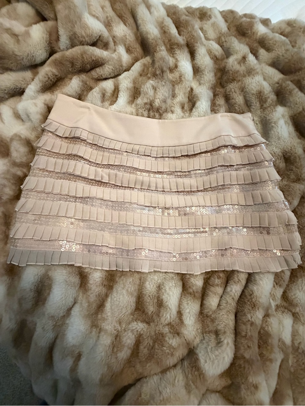 bebe Blush Pleated Sequin Tiered Mini Skirt